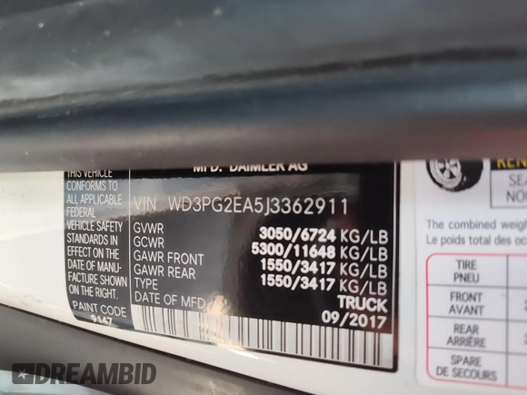 2018 Mercedes-Benz Metris Cargo with VIN WD3PG2EA5J3362911, listed as a IAAI auction lot 42587645 with 129,869 mi miles and . Bid and sale history available at DreamBid. Image 6.