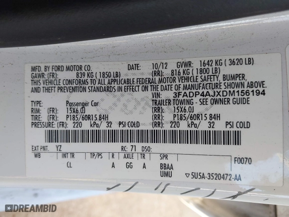 2013 Ford Fiesta S with VIN 3FADP4AJXDM156194, listed as a IAAI auction lot 41870811 with 89,446 mi miles. Bid and sale history available at carsss.com. Image 9.