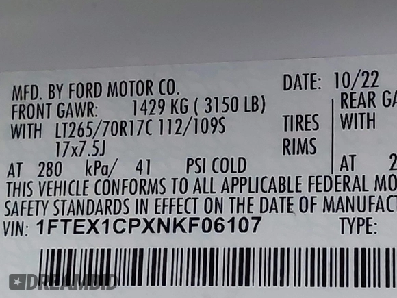 2022 Ford F-150 XL z VIN 1FTEX1CPXNKF06107, wystawiony jako IAAI lot #42692902 z przebiegiem Nie podano mil oraz . Historia ofert i sprzedaży dostępna na DreamBid. Obrazek 9.
