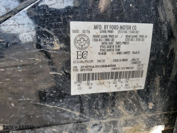 2016 Ford Edge SEL with VIN 2FMPK4J9XGBB40056, listed as a Copart auction lot 50004595 with 161,165 mi miles and Clean Title. Bid and sale history available at carsss.com. Image 16.