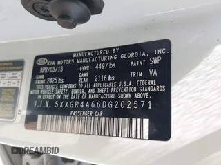 2013 Kia Optima SX with VIN 5XXGR4A66DG202571, listed as a IAAI auction lot 41917407 with 167,968 mi miles. Bid and sale history available at carsss.com. Image 9.
