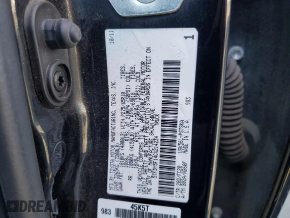 2012 Toyota Tundra with VIN 5TFDY5F14CX214234, listed as a Copart auction lot 60472275 with 205,225 mi miles and Salvage title. Bid and sale history available at DreamBid. Image 12.