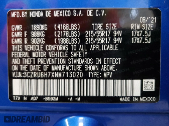 2022 Honda HR-V EX-L with VIN 3CZRU6H7XNM713020, listed as a Copart auction lot 71273494 with 53,226 mi miles and Salvage Title. Bid and sale history available at carsss.com. Image 14.