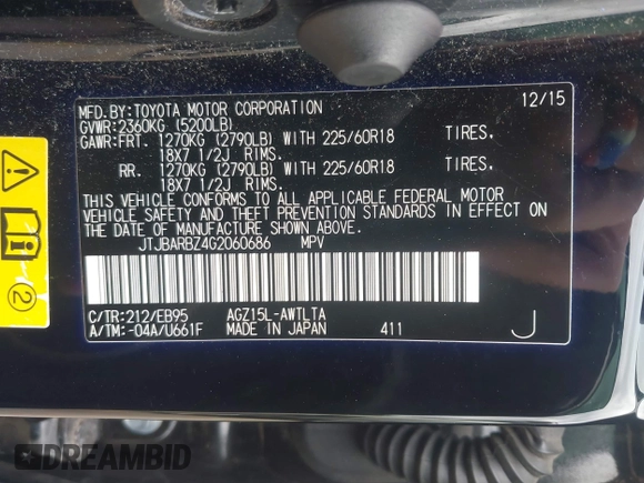 2016 Lexus NX 200t with VIN JTJBARBZ4G2060686, listed as a IAAI auction lot 42512296 with 158,681 mi miles and . Bid and sale history available at DreamBid. Image 9.