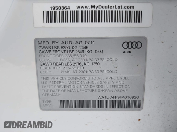 2015 Audi Q5 Premium Plus with VIN WA1LFAFP9FA016930, listed as a IAAI auction lot 42392757 with 76,988 mi miles and . Bid and sale history available at DreamBid. Image 9.