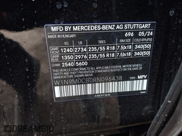 2024 Mercedes-Benz EQB 250+ z VIN W1N9M0CB0RN096438, wystawiony jako IAAI lot #41679845 z przebiegiem 1219 mil mil oraz . Historia ofert i sprzedaży dostępna na DreamBid. Obrazek 9.