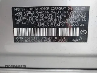 2007 Lexus IS with VIN JTHBK262X72054474, listed as a IAAI auction lot 42172869 with 106,364 mi miles. Bid and sale history available at carsss.com. Image 9.