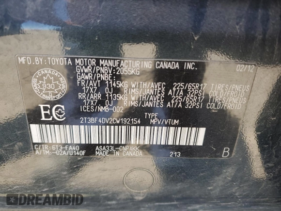 2012 Toyota RAV4 with VIN 2T3BF4DV2CW192154, listed as a Copart auction lot 63019395 with 247,054 mi miles and Clean title. Bid and sale history available at DreamBid. Image 13.