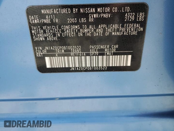 2011 Nissan LEAF SL-e with VIN JN1AZ0CP0BT003522, listed as a Copart auction lot 54838115 with 58,080 mi miles and Clean Title. Bid and sale history available at carsss.com. Image 12.