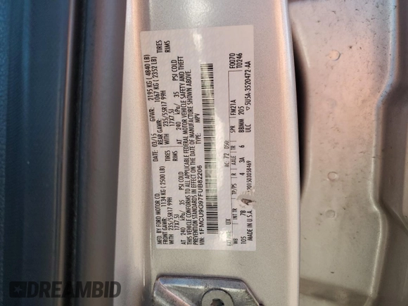2015 Ford Escape SE with VIN 1FMCU9G97FUB82206, listed as a Copart auction lot 53426005 with Not Provided miles and Salvage Title. Bid and sale history available at DreamBid. Image 14.