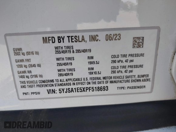 2023 Tesla Model S с VIN 5YJSA1E5XPF518693, выставлен на аукционе IAAI как лот 42768848 с пробегом 17 276 миль миль и . История ставок и продаж доступна на DreamBid. Изображение 9.