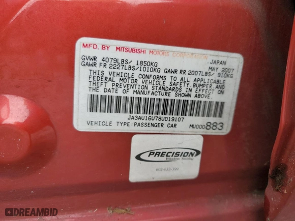 2008 Mitsubishi Lancer DE with VIN JA3AU16U78U019107, listed as a Copart auction lot 50465755 with 219,702 mi miles and Salvage Title. Bid and sale history available at carsss.com. Image 12.