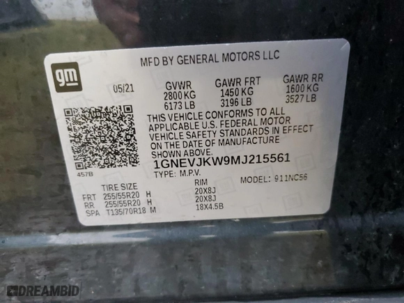 2021 Chevrolet Traverse RS with VIN 1GNEVJKW9MJ215561, listed as a Copart auction lot 84938644 with 93,760 mi miles and Salvage Title. Bid and sale history available at carsss.com. Image 14.