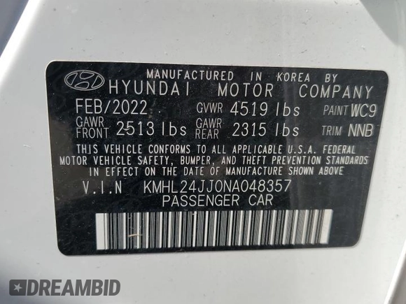 2022 Hyundai Sonata Hybrid Blue with VIN KMHL24JJ0NA048357, listed as a Copart auction lot 76069904 with 58,442 mi miles and Salvage Title. Bid and sale history available at carsss.com. Image 12.