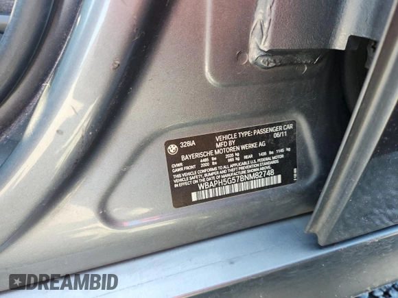 2011 BMW 3 Series 328i with VIN WBAPH5G57BNM82748, listed as a Copart auction lot 62742255 with Not provided miles and Salvage title. Bid and sale history available at DreamBid. Image 12.