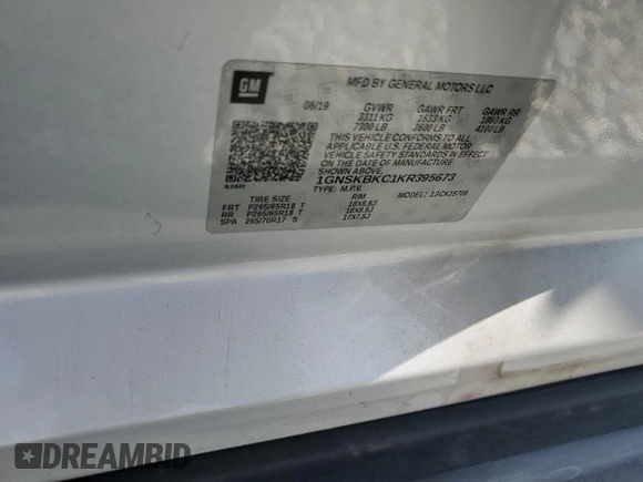 2019 Chevrolet Tahoe LT z VIN 1GNSKBKC1KR395673, wystawiony jako Copart lot #56041725 z przebiegiem 59 766 mil mil oraz Szkoda całkowita • Salvage title. Historia ofert i sprzedaży dostępna na DreamBid. Obrazek 14.
