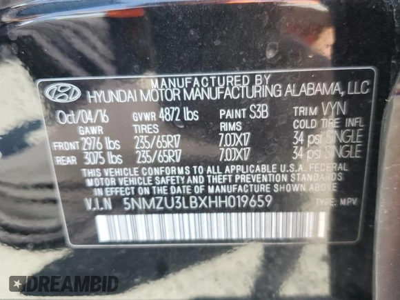 2017 Hyundai Santa Fe 2.4L with VIN 5NMZU3LBXHH019659, listed as a Copart auction lot 64056815 with 121,210 mi miles and Salvage title. Bid and sale history available at DreamBid. Image 13.