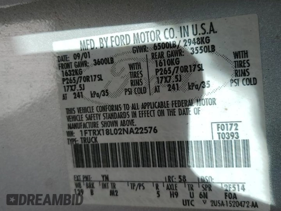 2002 Ford F-150 XL с VIN 1FTRX18L02NA22576, выставлен на аукционе Copart как лот 52985795 с пробегом Не указан миль и Списание • Salvage title. История ставок и продаж доступна на DreamBid. Изображение 14.