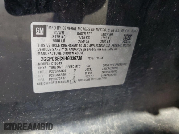 2017 Chevrolet Silverado 1500 LTZ with VIN 3GCPCSEC9HG339738, listed as a Copart auction lot 53599595 with 220,488 mi miles and Salvage Title. Bid and sale history available at DreamBid. Image 12.