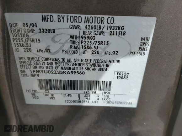 2005 Ford Escape XLS Value with VIN 1FMYU02Z35KA59568, listed as a Copart auction lot 71720604 with 184,007 mi miles and Salvage Title. Bid and sale history available at carsss.com. Image 13.