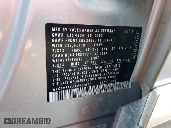 2013 Volkswagen Tiguan S with VIN WVGAV7AX8DW501081, listed as a Copart auction lot 88065365 with 157,312 mi miles and Salvage title. Bid and sale history available at DreamBid. Image 12.