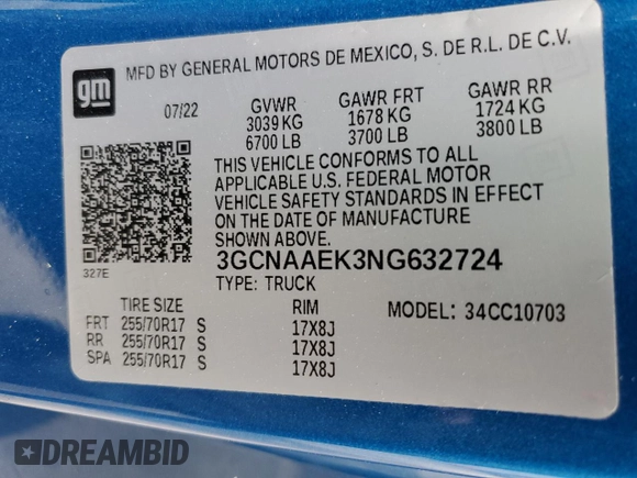 2022 Chevrolet Silverado 1500 Work Truck with VIN 3GCNAAEK3NG632724, listed as a Copart auction lot 45302405 with 38,129 mi miles and Salvage Title. Bid and sale history available at DreamBid. Image 14.