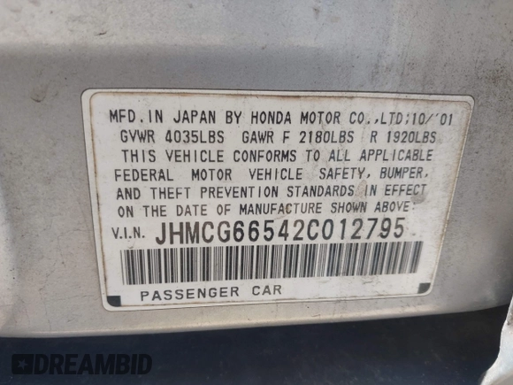 2002 Honda Accord LX with VIN JHMCG66542C012795, listed as a IAAI auction lot 42295547 with 155,174 mi miles and . Bid and sale history available at DreamBid. Image 9.