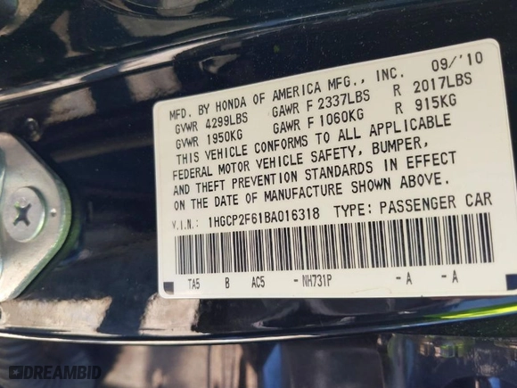 2011 Honda Accord Sdn SE with VIN 1HGCP2F61BA016318, listed as a IAAI auction lot 39391412 with 181,605 mi miles. Bid and sale history available at carsss.com. Image 9.