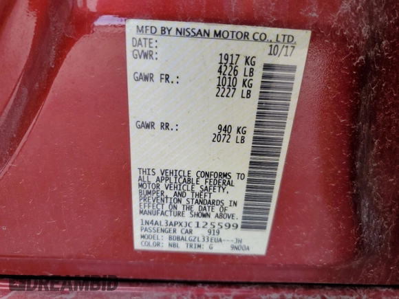 2018 Nissan Altima 2.5 S with VIN 1N4AL3APXJC125599, listed as a Copart auction lot 52539695 with 108,852 mi miles and Salvage Title. Bid and sale history available at carsss.com. Image 12.