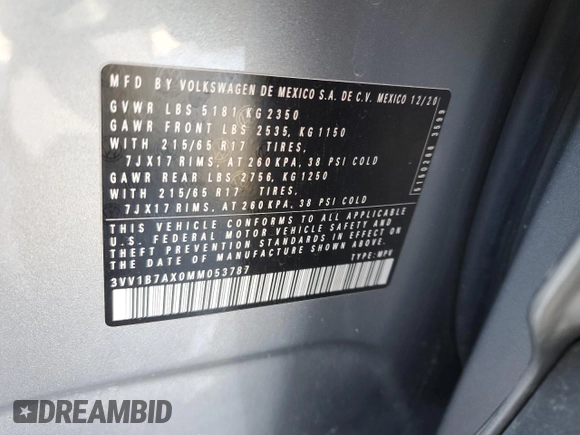 2021 Volkswagen Tiguan S with VIN 3VV1B7AX0MM053787, listed as a Copart auction lot 88026115 with 67,022 mi miles and Clean title. Bid and sale history available at DreamBid. Image 13.