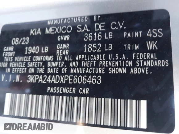 2023 Kia Rio LX with VIN 3KPA24ADXPE606463, listed as a IAAI auction lot 41728523 with 8,909 mi miles and . Bid and sale history available at DreamBid. Image 9.