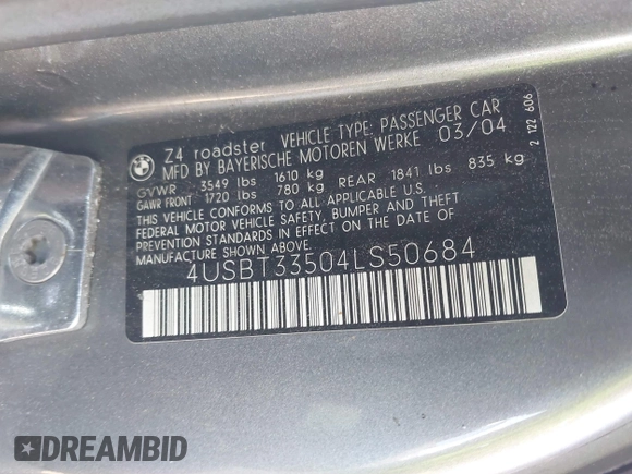 2004 BMW Z4 2.5i with VIN 4USBT33504LS50684, listed as a IAAI auction lot 42620116 with 119,707 mi miles and . Bid and sale history available at DreamBid. Image 9.