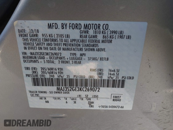2019 Ford EcoSport SE with VIN MAJ3S2GE3KC269072, listed as a IAAI auction lot 41836009 with 18,484 mi miles and . Bid and sale history available at DreamBid. Image 9.