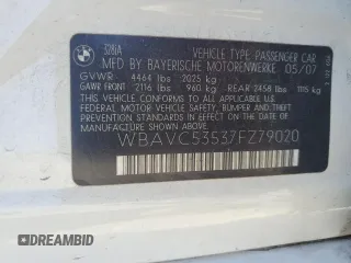 2007 BMW 3 Series 328i with VIN WBAVC53537FZ79020, listed as a Copart auction lot 57387485 with Not provided miles and Salvage title. Bid and sale history available at DreamBid. Image 13.