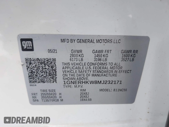 2021 Chevrolet Traverse LT with VIN 1GNERHKW8MJ232171, listed as a IAAI auction lot 42269142 with 88,830 mi miles and . Bid and sale history available at DreamBid. Image 9.
