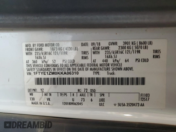 2019 Ford Transit with VIN 1FTYE1ZM0KKA06310, listed as a Copart auction lot 55611115 with 159,762 mi miles and Salvage title. Bid and sale history available at DreamBid. Image 14.
