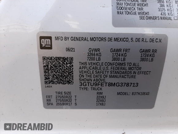 2021 GMC Sierra 1500 Denali z VIN 3GTU9FET8MG378713, wystawiony jako Copart lot #57685721 z przebiegiem Nie podano mil oraz Szkoda całkowita • Salvage title. Historia ofert i sprzedaży dostępna na DreamBid. Obrazek 10.