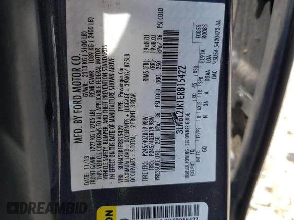 2014 Lincoln MKZ with VIN 3LN6L2JK1ER815422, listed as a Copart auction lot 63425755 with 127,094 mi miles and Salvage title. Bid and sale history available at DreamBid. Image 12.