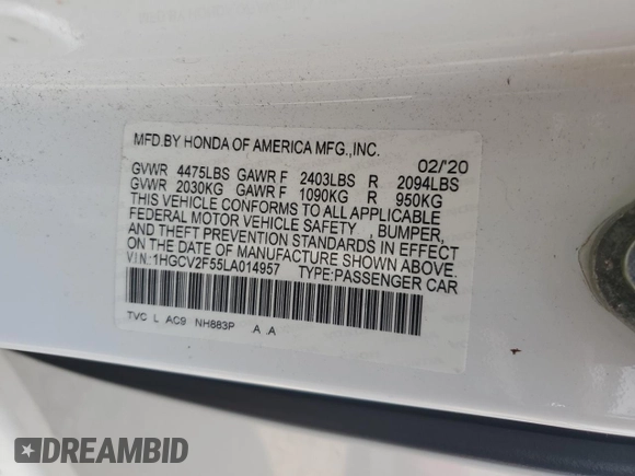 2020 Honda Accord EX-L with VIN 1HGCV2F55LA014957, listed as a Copart auction lot 55217755 with 60,218 mi miles and Salvage title. Bid and sale history available at DreamBid. Image 13.