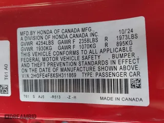 2025 Honda Civic Sedan Hybrid Sport with VIN 2HGFE4F8XSH311869, listed as a IAAI auction lot 41349287 with 3,814 mi miles. Bid and sale history available at carsss.com. Image 9.