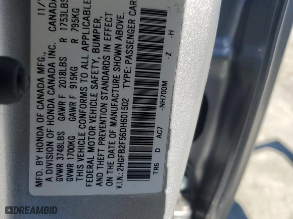 2013 Honda Civic Sdn LX with VIN 2HGFB2F56DH601502, listed as a Copart auction lot 45399845 with 31,092 mi miles and Salvage Title. Bid and sale history available at carsss.com. Image 15.