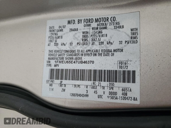 2007 Ford Explorer Limited с VIN 1FMEU65E47UB46370, выставлен на аукционе Copart как лот 84298024 с пробегом 105 011 миль миль и Чистый • Clean title. История ставок и продаж доступна на DreamBid. Изображение 13.
