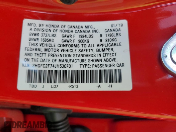 2018 Honda Civic EX with VIN 2HGFC2F74JH530701, listed as a Copart auction lot 74676554 with 69,624 mi miles and Salvage Title. Bid and sale history available at DreamBid. Image 12.