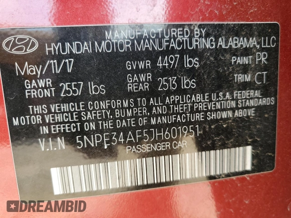 2018 Hyundai Sonata Sport with VIN 5NPE34AF5JH601951, listed as a Copart auction lot 52297875 with 93,062 mi miles and Clean Title. Bid and sale history available at carsss.com. Image 12.