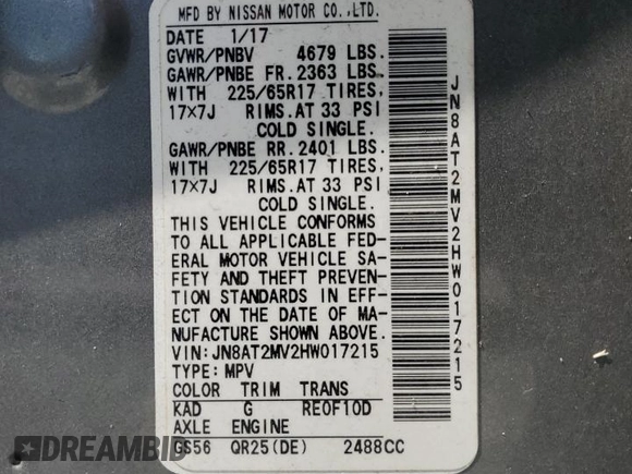 2017 Nissan Rogue S with VIN JN8AT2MV2HW017215, listed as a Copart auction lot 64827675 with 84,169 mi miles and Salvage title. Bid and sale history available at DreamBid. Image 14.