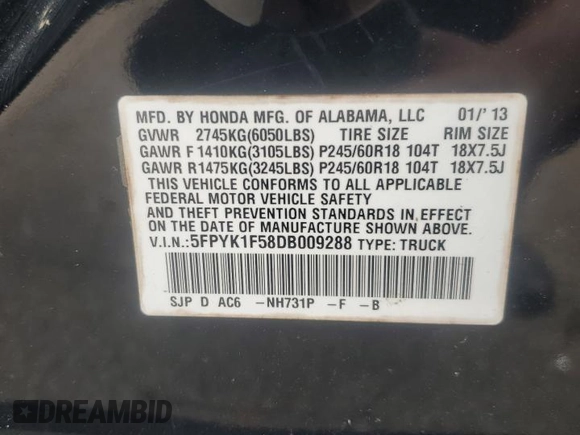 2013 Honda Ridgeline RTL with VIN 5FPYK1F58DB009288, listed as a Copart auction lot 58307815 with Not provided miles and Salvage title. Bid and sale history available at DreamBid. Image 12.