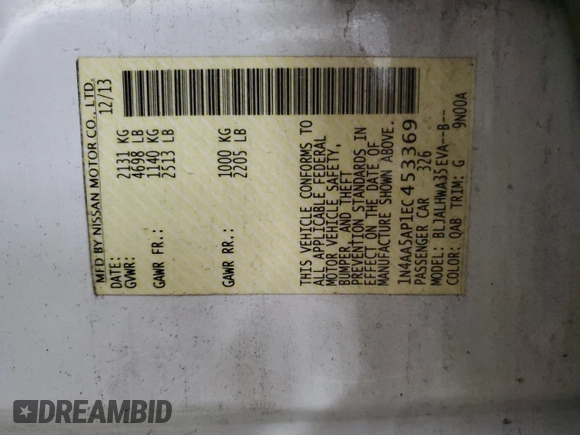 2014 Nissan Maxima SV with VIN 1N4AA5AP1EC453369, listed as a Copart auction lot 52077375 with 139,554 mi miles and Salvage Title. Bid and sale history available at DreamBid. Image 13.