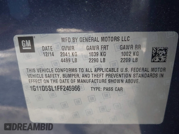 2015 Chevrolet Malibu LT with VIN 1G11D5SL1FF245966, listed as a IAAI auction lot 42071918 with 19,448 mi miles and . Bid and sale history available at DreamBid. Image 9.