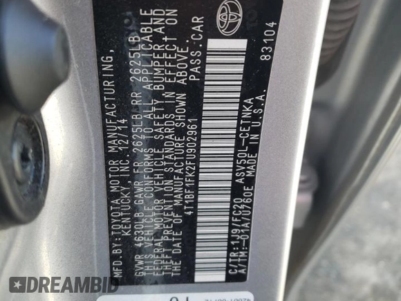 2015 Toyota Camry XLE with VIN 4T1BF1FK2FU902961, listed as a Copart auction lot 46710855 with Not Provided miles and Salvage Title. Bid and sale history available at carsss.com. Image 13.