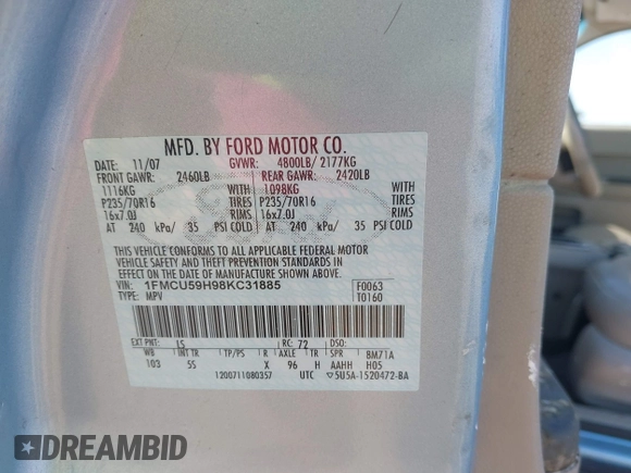 2008 Ford Escape Hybrid with VIN 1FMCU59H98KC31885, listed as a IAAI auction lot 42631198 with 369,266 mi miles and . Bid and sale history available at DreamBid. Image 9.